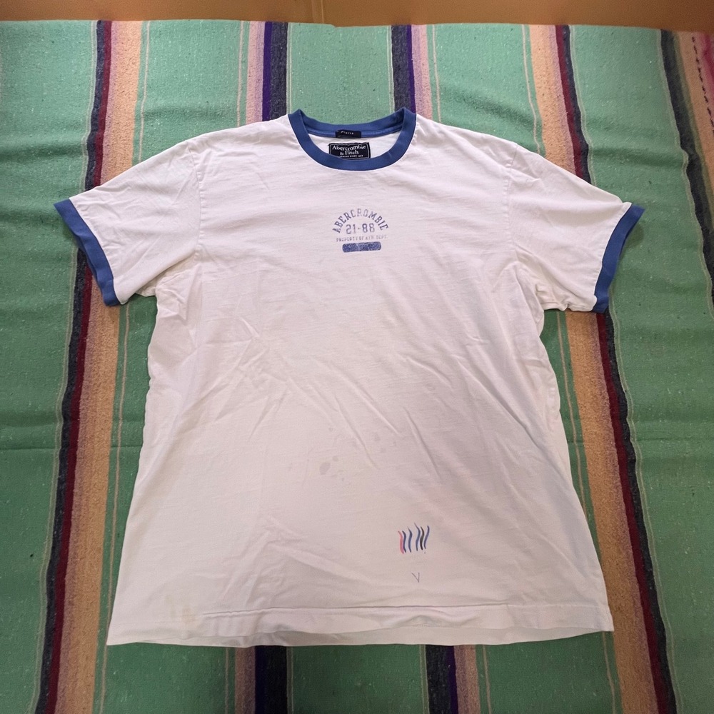Abercrombie & Fitch Ringer Tee Mens L White Blue Muscle Fit Vintage Y2K Graphic